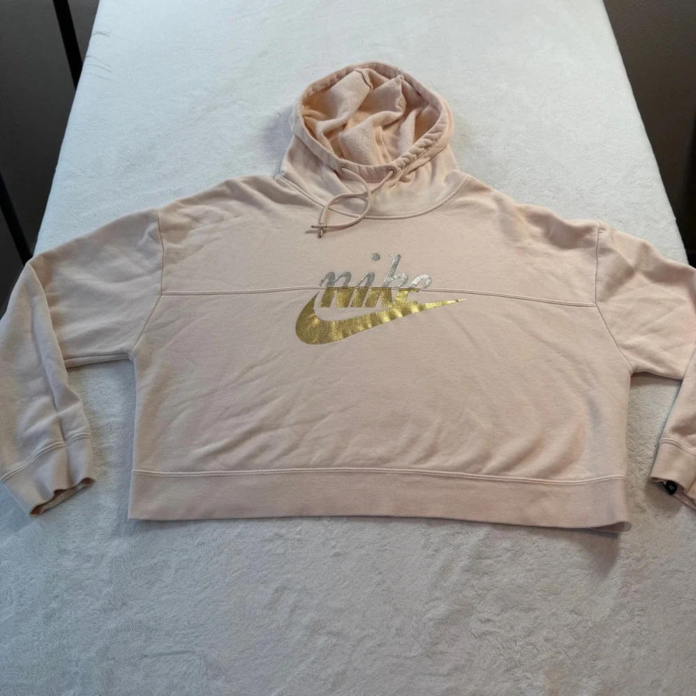 Nike Hoodie Womens L Pink Good Metallic Gold Silver Foil Logo Cropped Pullover - Picture 1 of 11